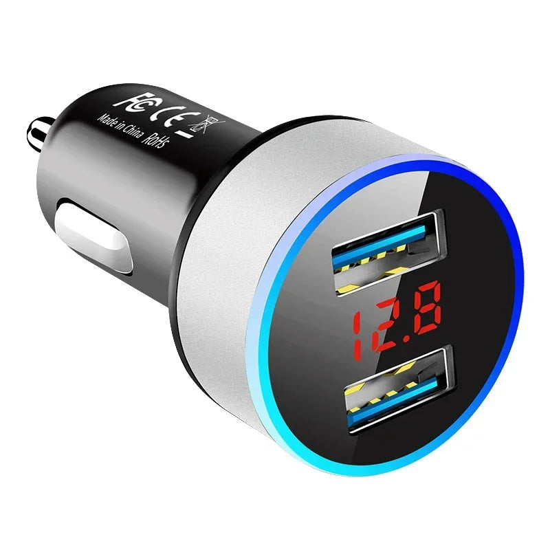 1/2pcs Car Charger For Cigarette Lighter Smart Phone USB Adapter Mobile Phone Charger Dual USB Digital Display Voltmeter Oasis Select Silver