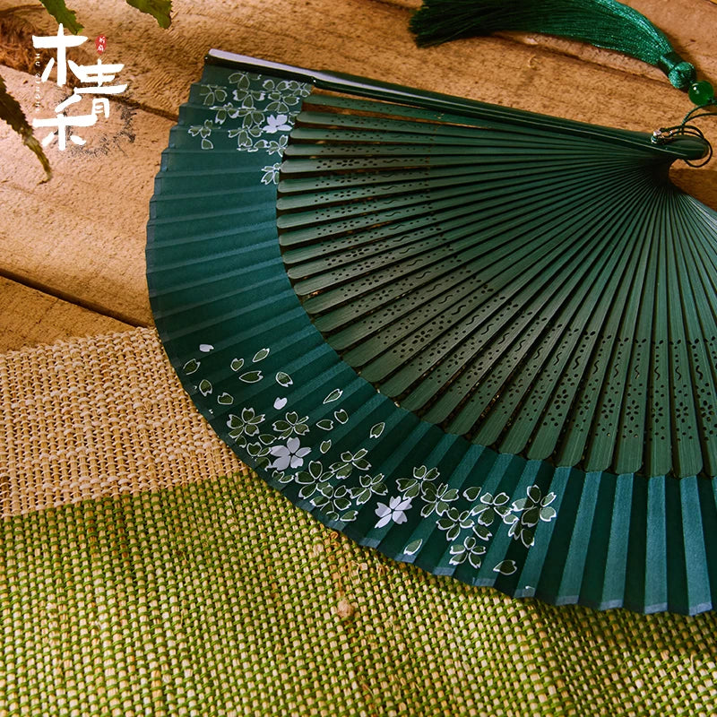 21cm Chinese style retro style green series Cherry Blossom gradient folding fan daily portable dance cheongsam fan Oasis Select