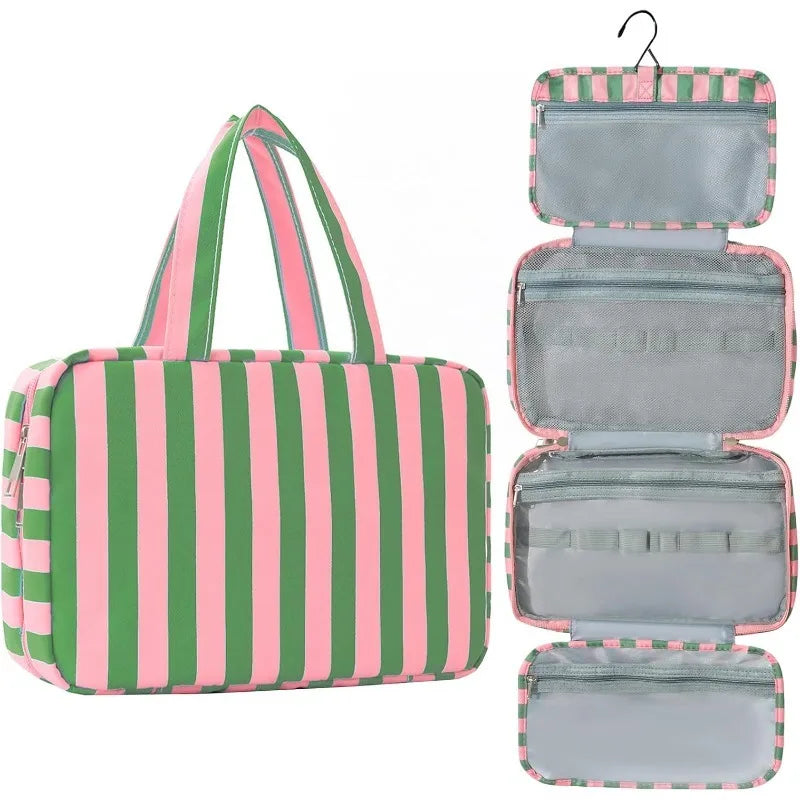 Collapsible Hanging Travel Cosmetic Pouch Striped Multi Compartment Design Wet Dry Separated Storage Bag Lightweight Organizer Oasis Select Green And Pink