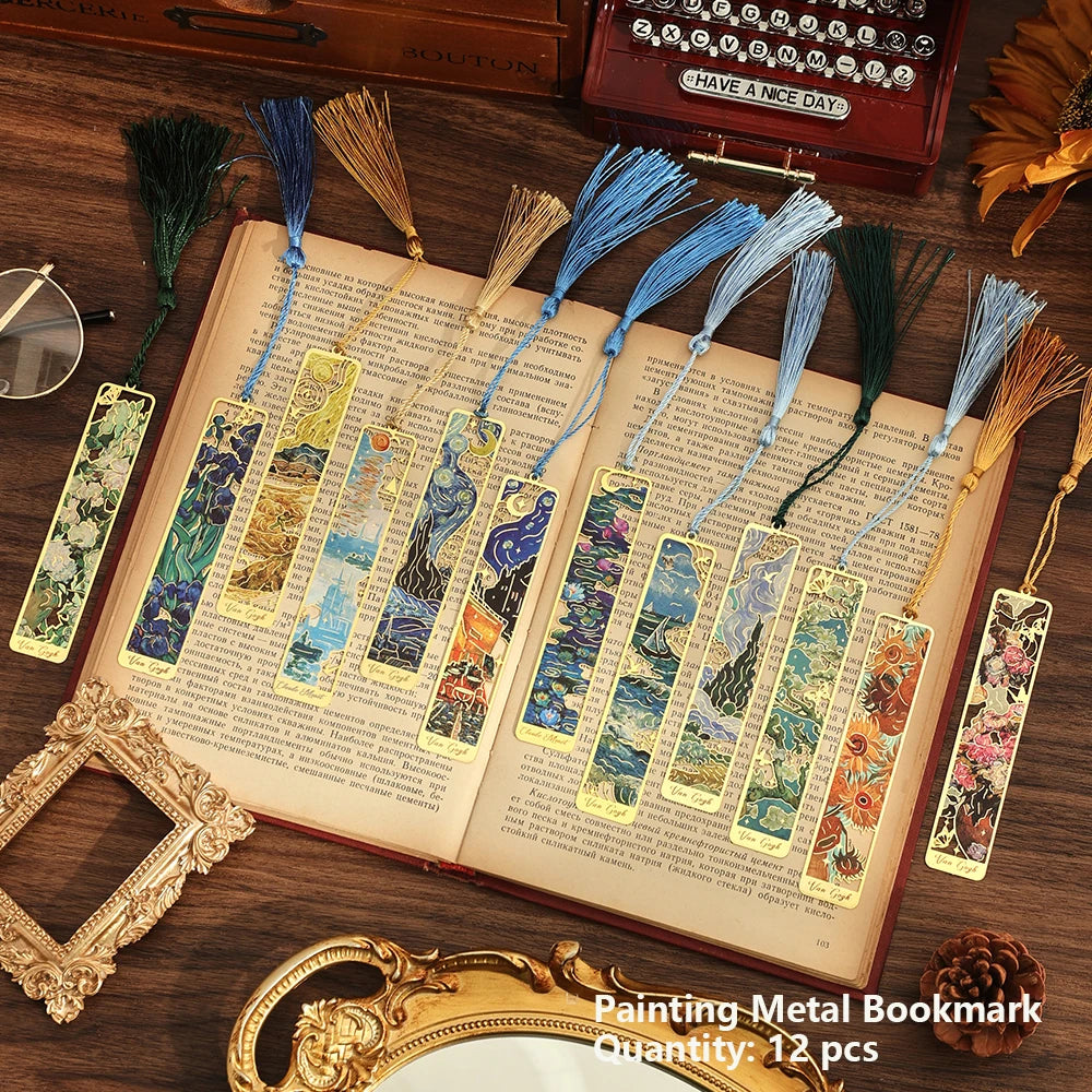 12 pcs Vintage Painting Metal Bookmark Hollow Long Tassel Bookmark Students Reading Tool For Book Lovers Friends Office School Oasis Select Painting Flower