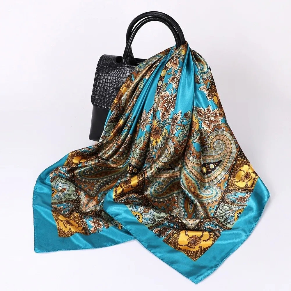 Luxury 90*90cm Satin Square Scarf Bohemian Hair Accessories Print Silk Headkerchief Floral Shawl Wraps Headband Wedding Oasis Select
