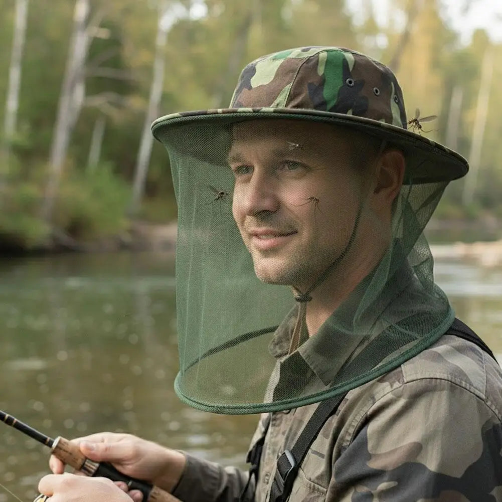Camouflage Mosquito Head Net Hat – Bug & UV Protection