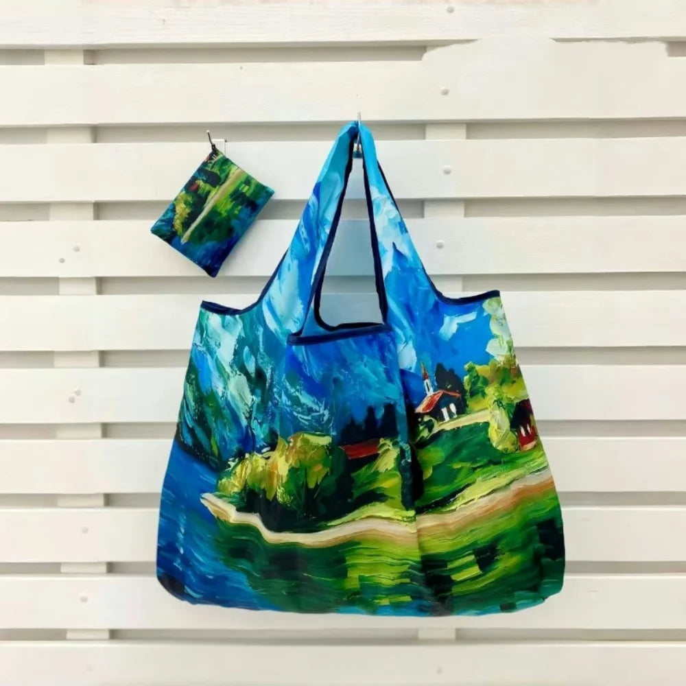 Oil Painting Print Folding Shopping Bag Portable Design Large Capacity Square Shopping Bag Foldable Feature Positioning Design Oasis Select Style 11