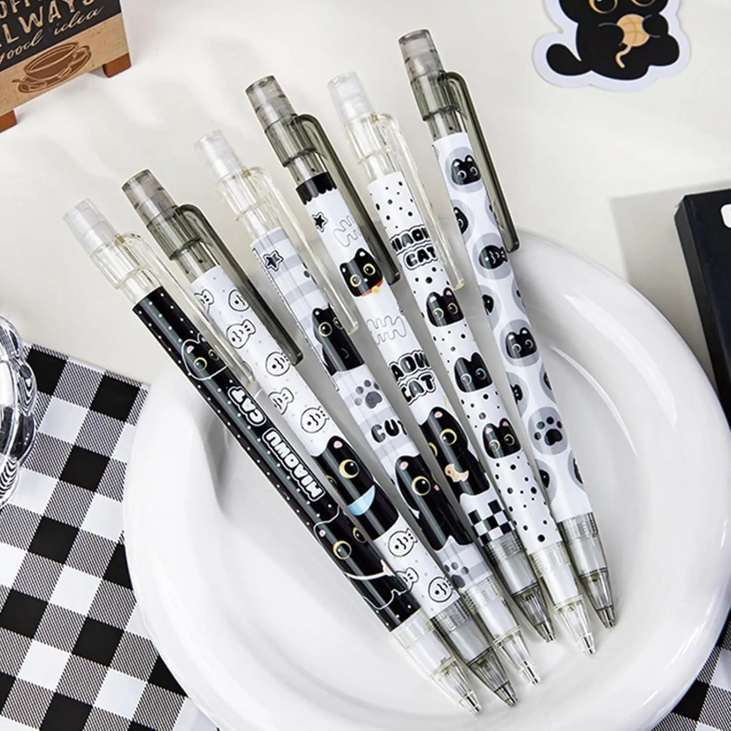 6pc Cute automatic pencil with eraser, 0.5mm lead, featuring a cartoon black cat design, suitable for students, boys, and women. Oasis Select