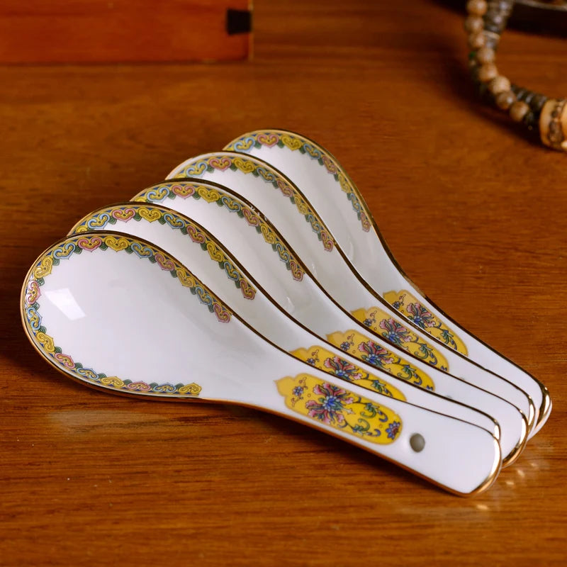 Jingdezhen Ceramic Bowl Household Bowl and Dish Set Tableware Combination Palace Chinese Bowl and Dish Hotel Clubhouse Oasis Select 5Pcs Soup Spoons