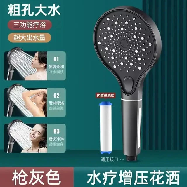 New 6 Modes Shower Head High Pressure Shower One-Key Stop Water Massage Shower Head With Filter Element Bathroom Set Accessories Oasis Select 3 Modes Grey