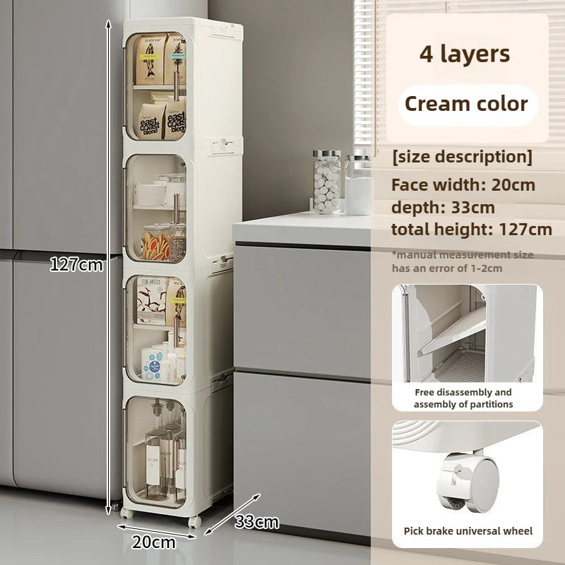 Household bathroom narrow seam storage cabinet, multifunctional foldable with wheels, dust-proof and crevice storage cabinet Oasis Select 4 layers-cream color