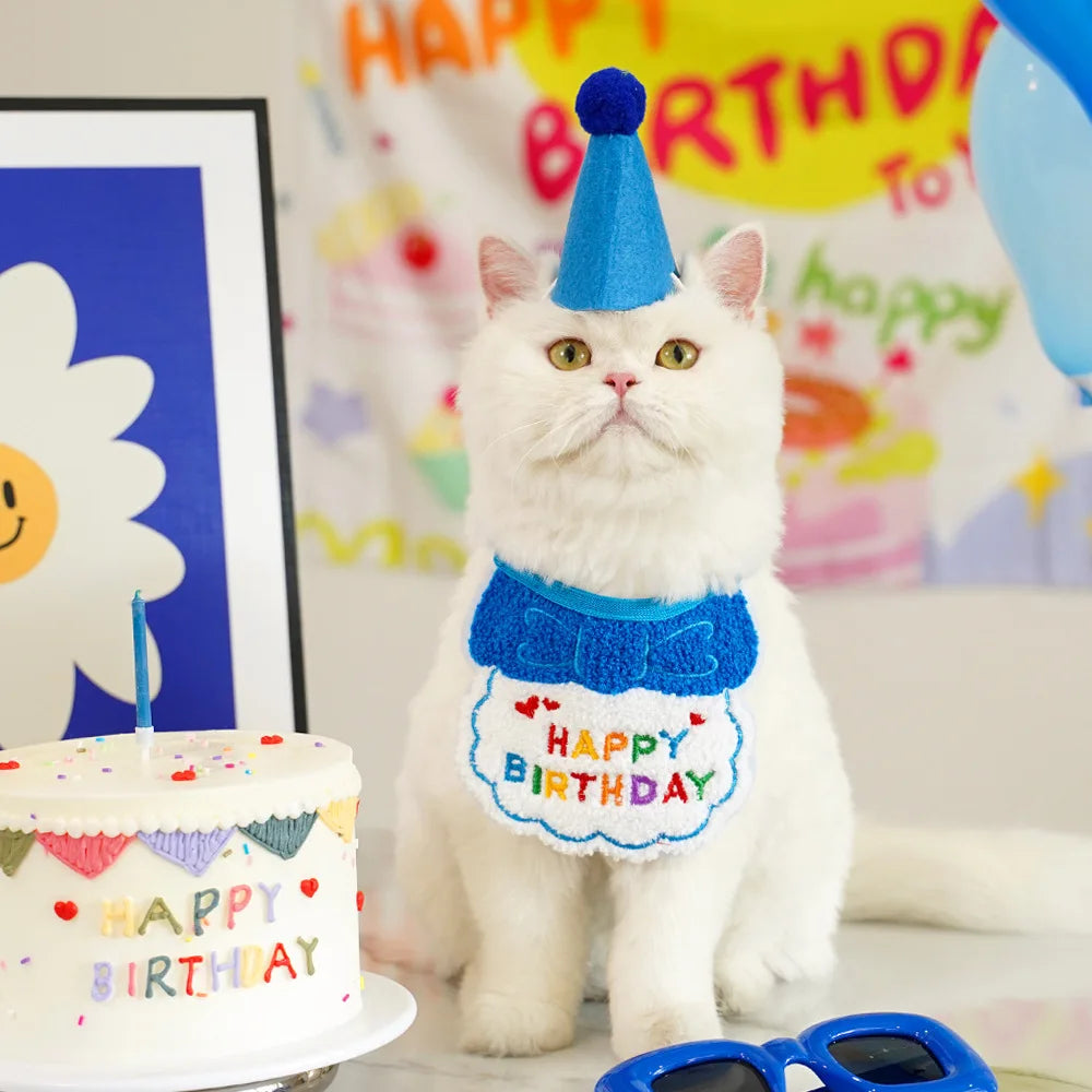 Pet Dog Cat Birthday Dress Bib Party Supplies Saliva Towel Felt Hat Oasis Select dark blue suit