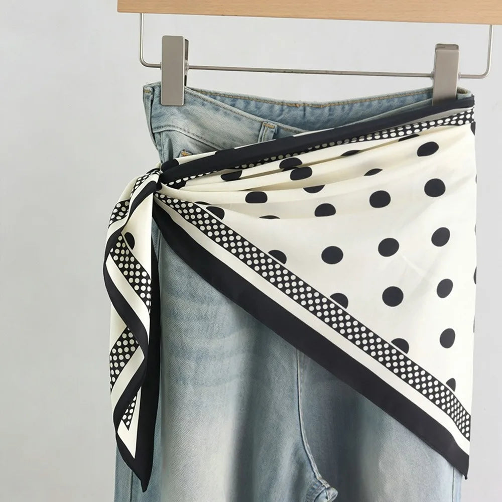 New Multi-functional Polka Dot Triangle Scarf Matching Pants Silk Satin Waist Belt Decorative Headscarf Oasis Select Style1-White