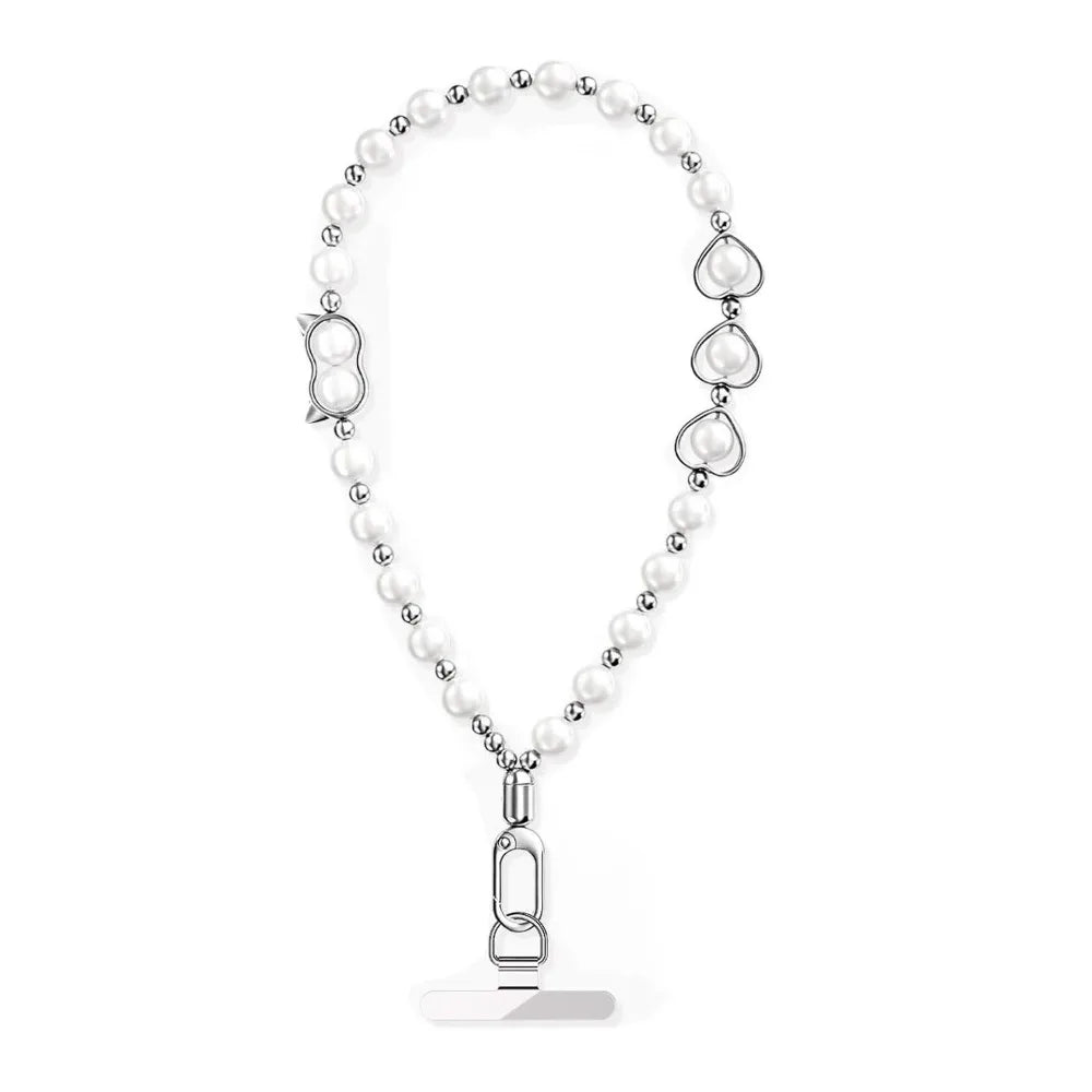 Mobile Phone Chain Hanging Rope Chain High-end Bead Wrist Style Pearl Chain Rope Short Style with Gasket Anti Loss Hanging Rope Oasis Select White