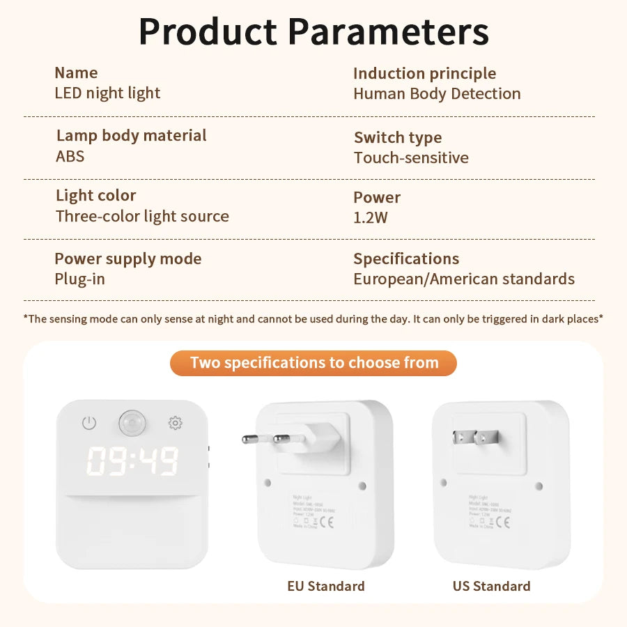Motion Sensor LED Night Light with Clock Display – 3 Modes Motion Sensor Night Light Oasis Select