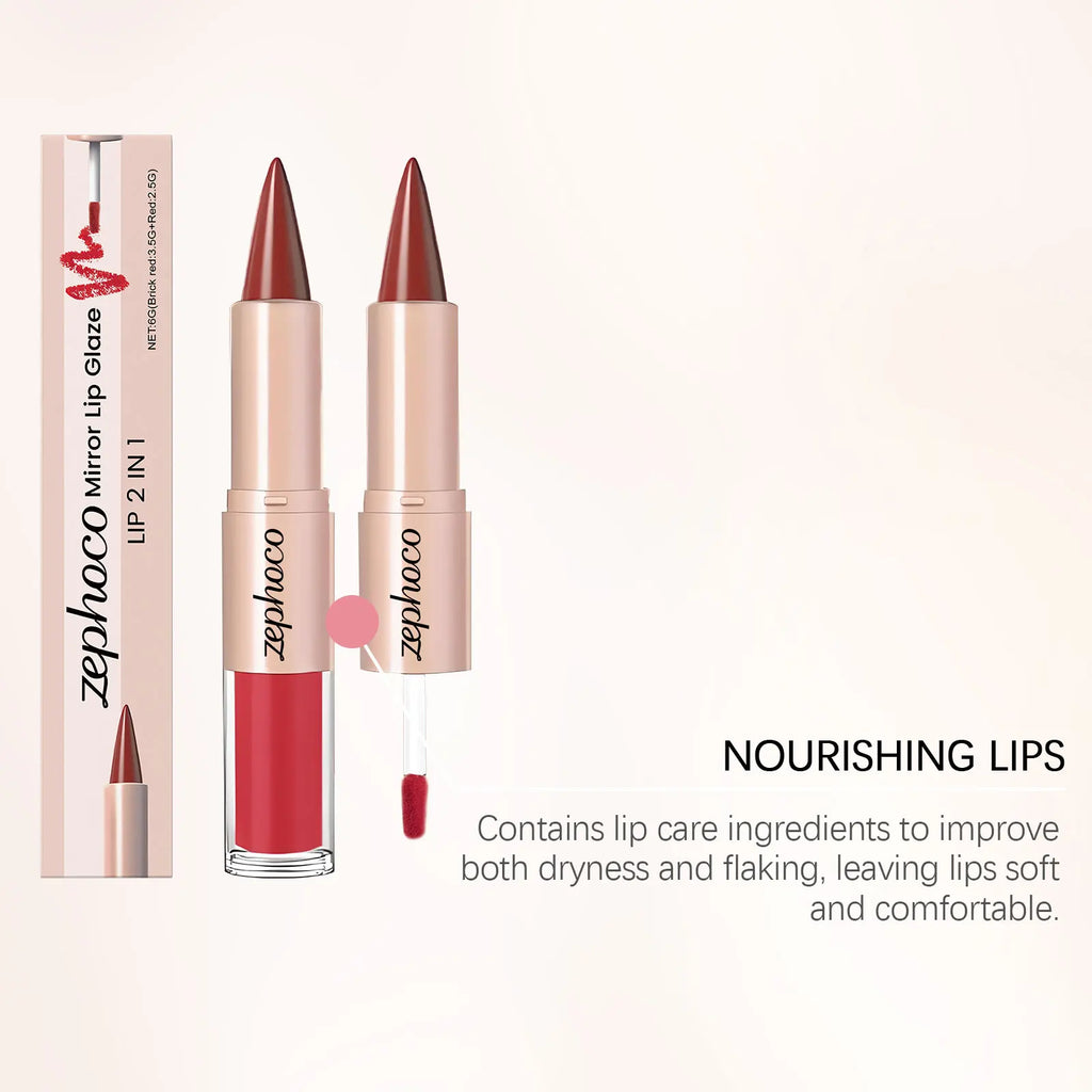 Brick Red 2-in-1 Mirror Lip Gloss & Liner – Long-Lasting