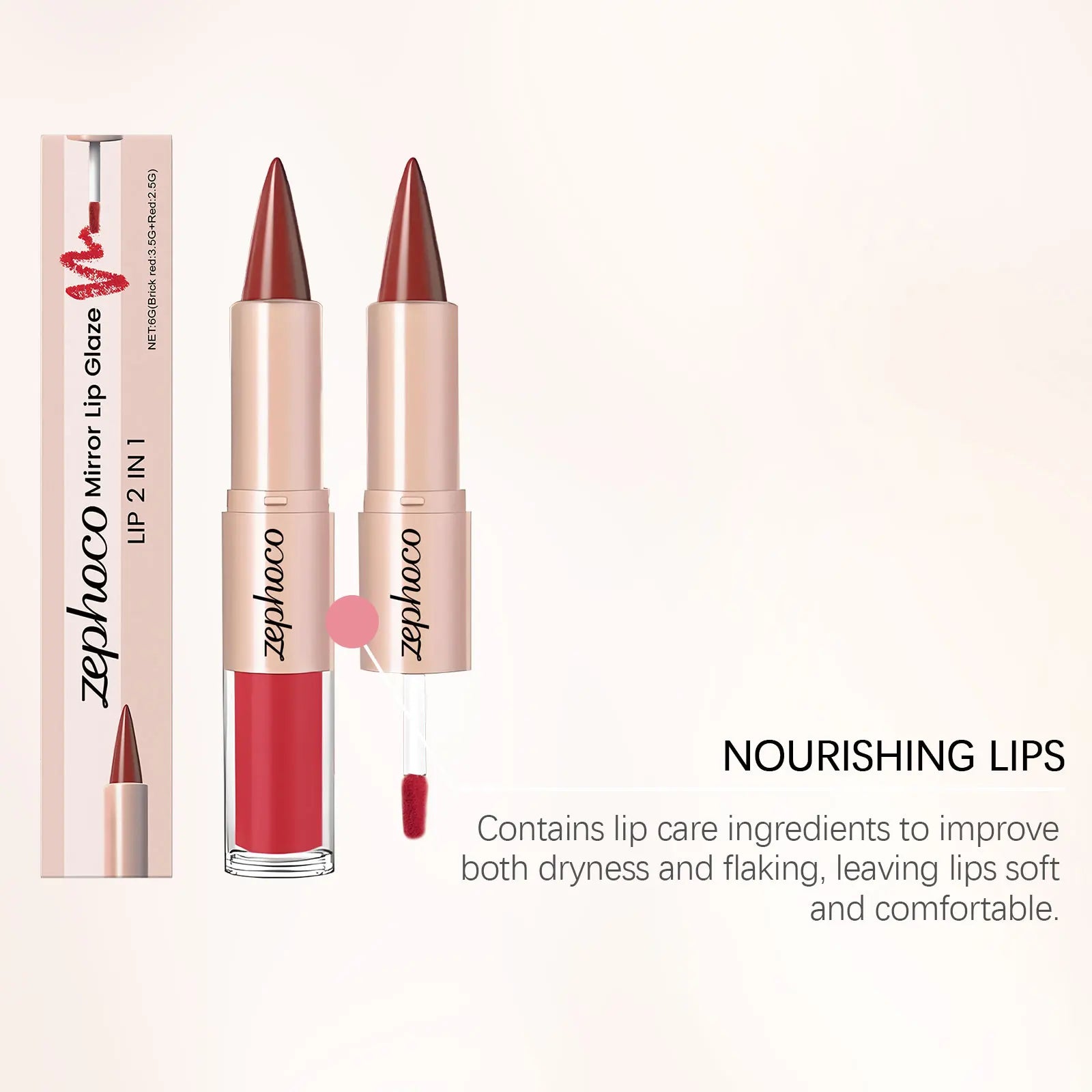Brick Red 2-in-1 Mirror Lip Gloss & Liner – Long-Lasting