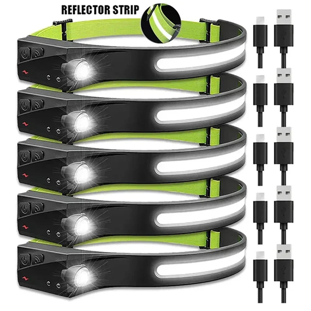 XPE+COB LED Sensor Headlamp USB Rechargeable Camping Search Light Headlight Led Head Torch Head Flashlight for Fishing Lantern Oasis Select Reflector strip 5pcs Built-in Battery
