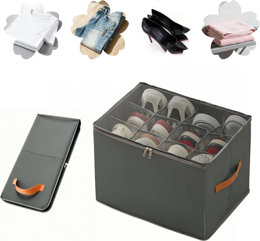 Shoe Organizer 12 Grid Clear Window Foldable, Closet Shoe Storage Box with Handle, Space Saving Portable Container for Under Bed Oasis Select