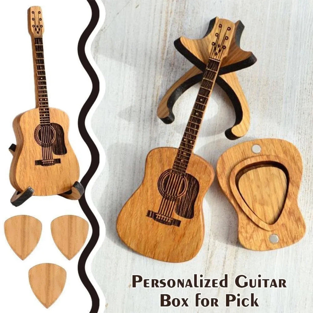Personalized Wooden Guitar Pick Box with Standard 3 Pcs Engraved Guitar Picks Box for Guitar Lovers, Guitar Plectrum Storage Box Oasis Select 1 set