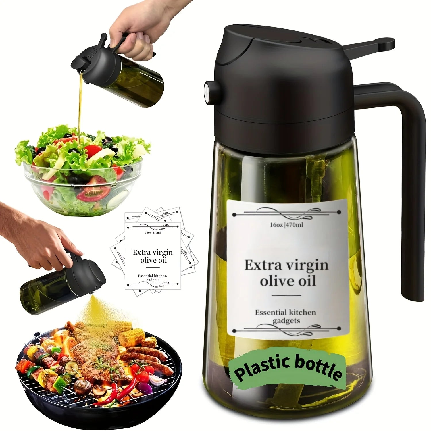 1pc 2-in-1 Olive Oil Dispenser & Sprayer, 16oz/470ml Dark Green Bottle, Durable Plastic with 6 Stickers, Kitchen Cooking Gadget Oasis Select