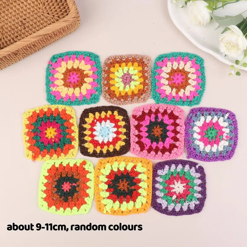 10Pcs Random Mix Colors Handmade Crochet Doilies Suit Square Flower Piece For Diy Clothing Pocket Coaster Bag Tablecloth Oasis Select 03