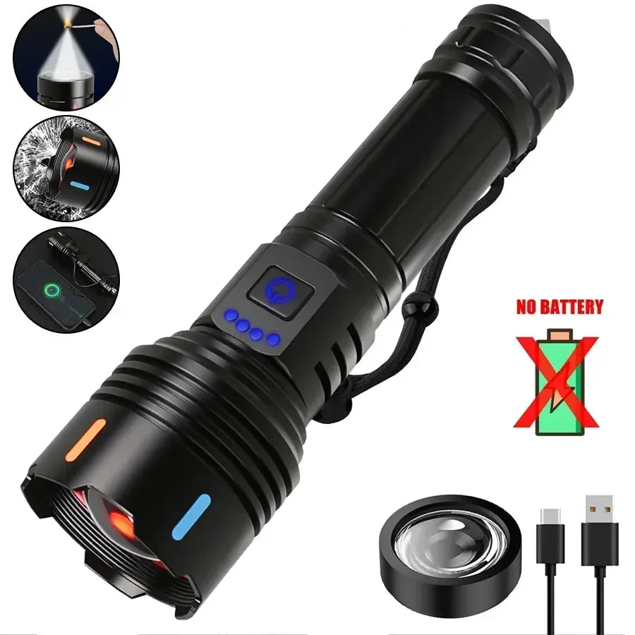 100000LM Ultra Bright LED Flashlight Rechargeable with Flame Ignition&Window Breaker Tactic Torch for Outdoor Camping Adventure Oasis Select 1pcs-no battery
