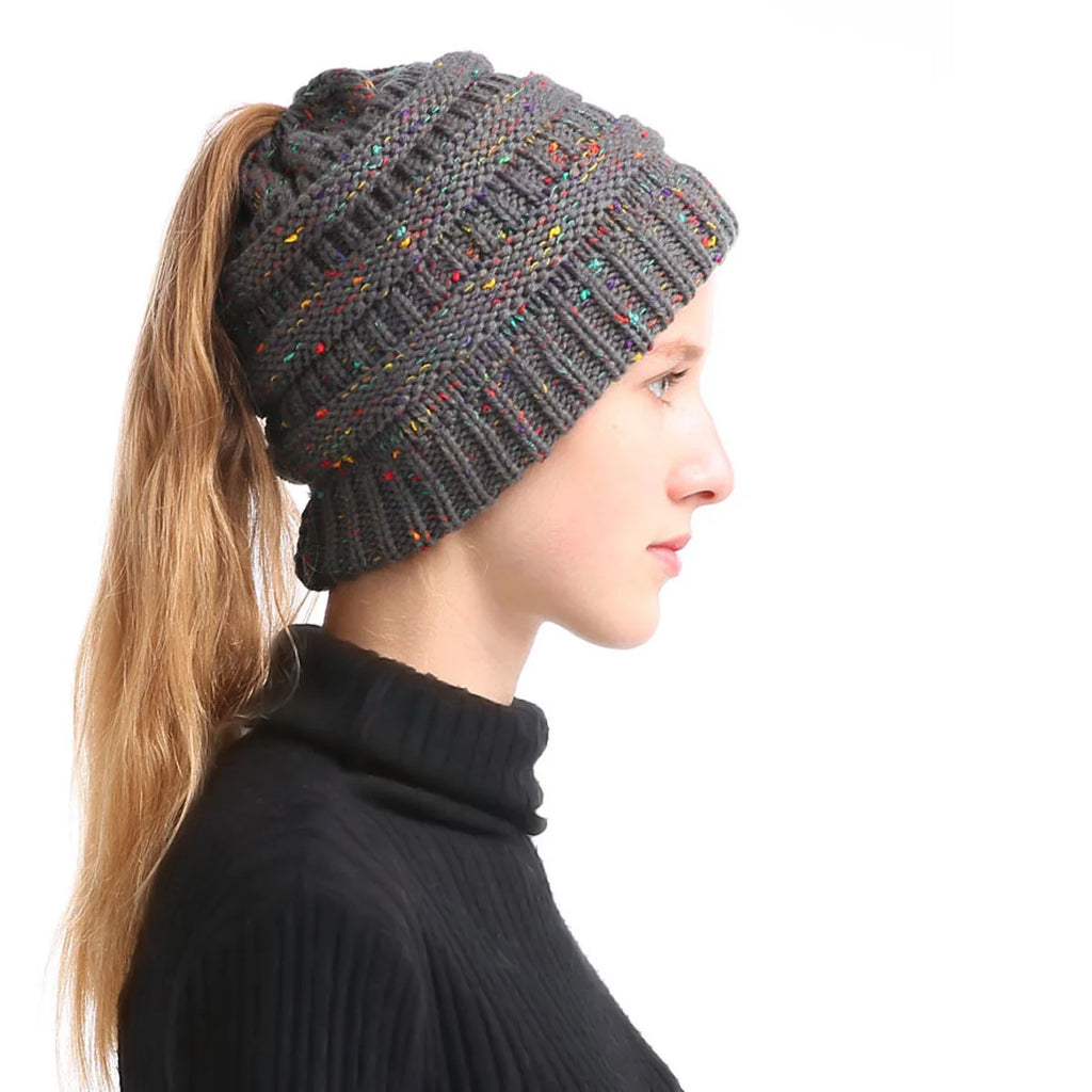 Mixed color hollow top hat with large brim, knitted ponytail, parent-child hat, yarn and yarn versatile Oasis Select 6
