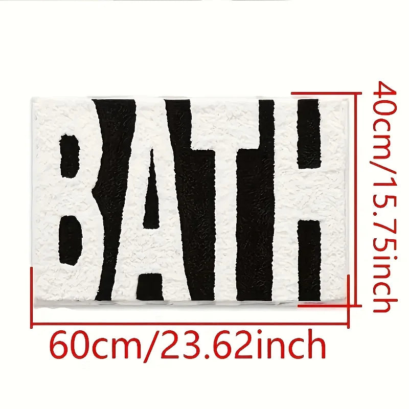 1pc "BATH" Design Non-Slip Bath Mat, Ultra Absorbent Polyester Bathroom Rug, Black and White Textured Entryway Carpet Oasis Select