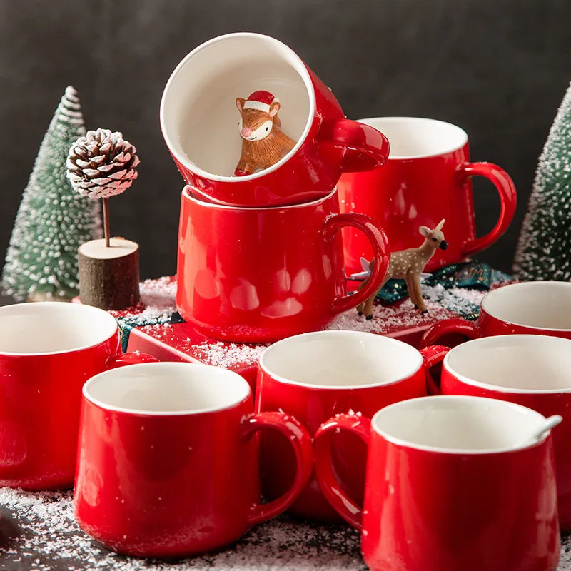 Ceramic Water Cup Santa Claus Snowman Red Festive Mug with Lid Spoon Christmas Tree Reindeer Cup Christmas Gift Oasis Select