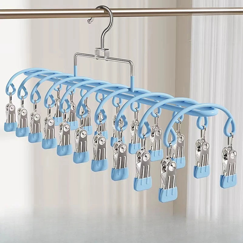 20 Clips Heavy Duty Stainless Steel Laundry Hanger - Windproof Non-Slip Multi-Clip Drying Rack for Socks, Underwear, Bras Oasis Select Blue