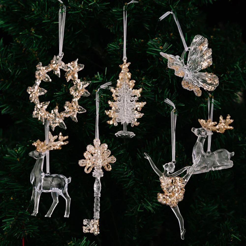 Sequined Acrylic Christmas Ornaments – Snowflake & Bell Pendants
