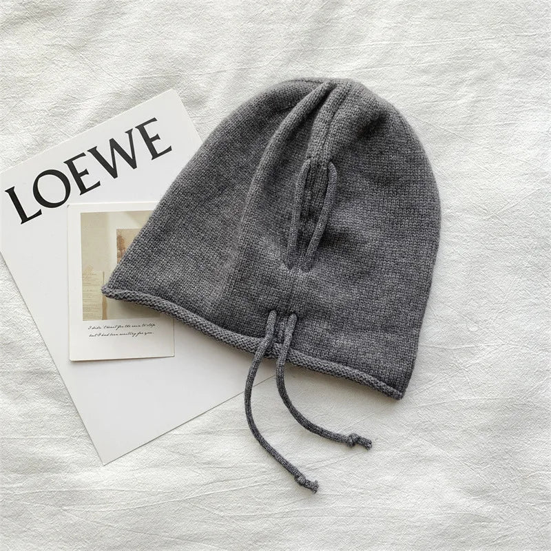 Knitted Bonnet Hoods Female Winter Warm Baggy Slouchy Beanies Hat Women Fashion Drawstring Pullover Cold Hats for Ladies Winter Oasis Select GRAY