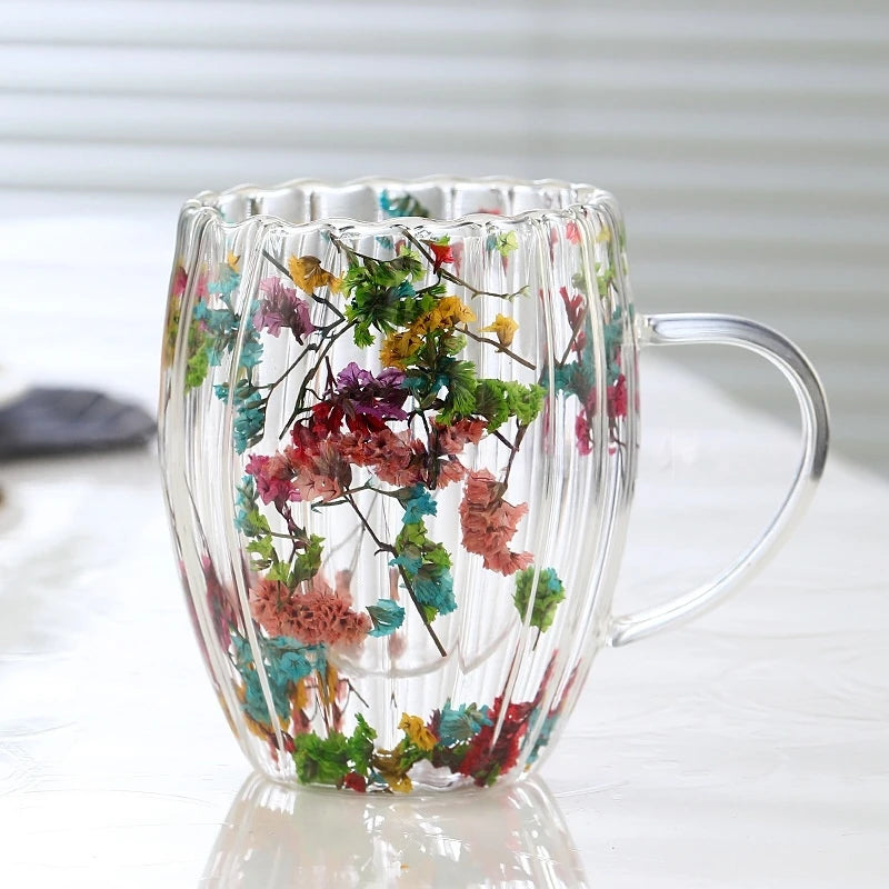 Borosilicate Double-Wall Ribbed Glass Mug, Dried-Flower Heatproof Lovely Cup for Coffee & Tea, Home&Office Gift, Handwash Oasis Select Crystal-flower 450ML