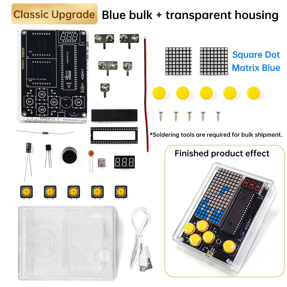 DIY Pixel Game Console Production Parts DIY Brazing Project Game Kit 51 Single Chip Game Console with Acrylic Shell USB Cable Oasis Select Blue light