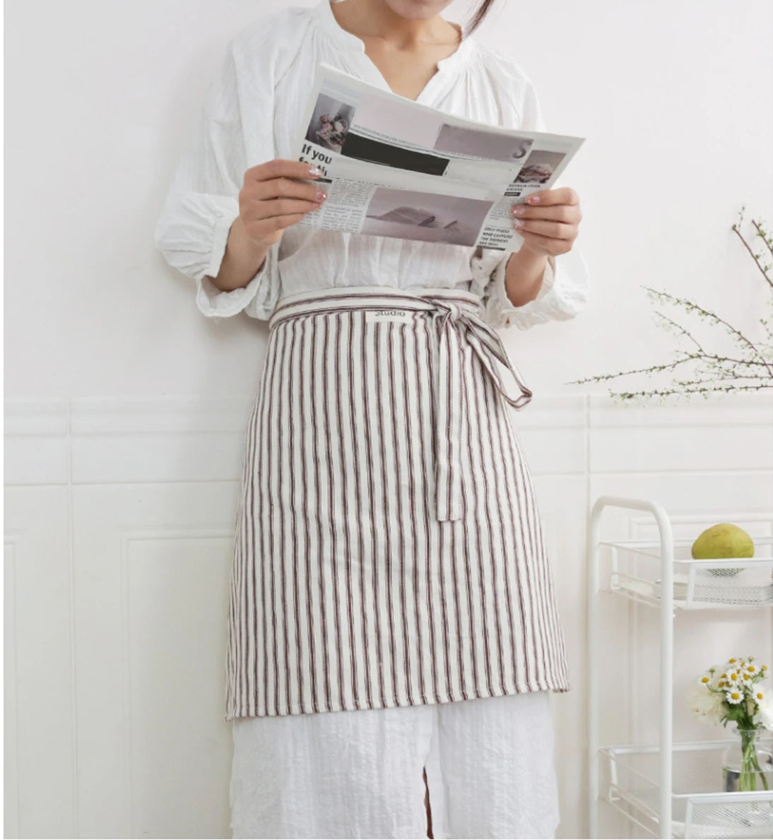 Art Studios Cotton Stripe Apron Anti Fouling Elegant Cooking Half Apron Washable Anti Oil Waist Apron Restaurant Oasis Select