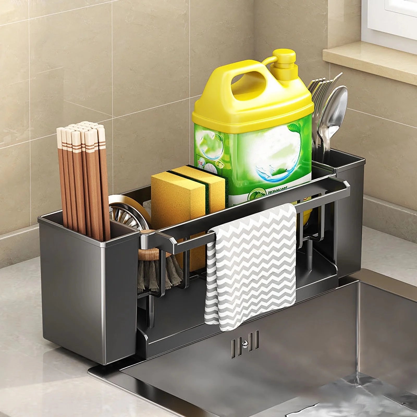 Kitchen Sink Organiser,Kitchen Sink Sponge Holder With Brush Holder,Rag Drain Rack, Bathroom Organizer, Sink Faucet Sink Ra Oasis Select