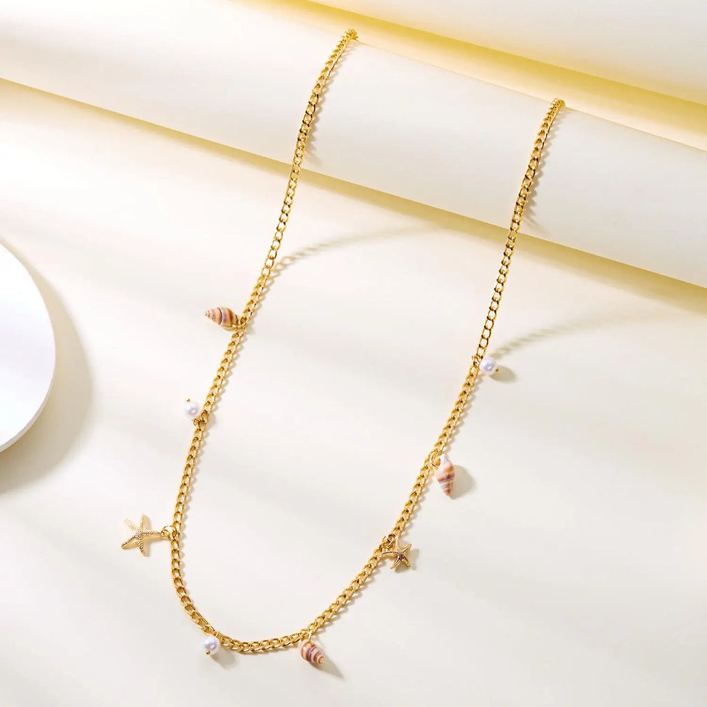 Vacation Bohemian Starfish Necklace Exaggerate Tassel Pendant Waist Chain Pearl Conch Shell Bracelet for Women Oasis Select