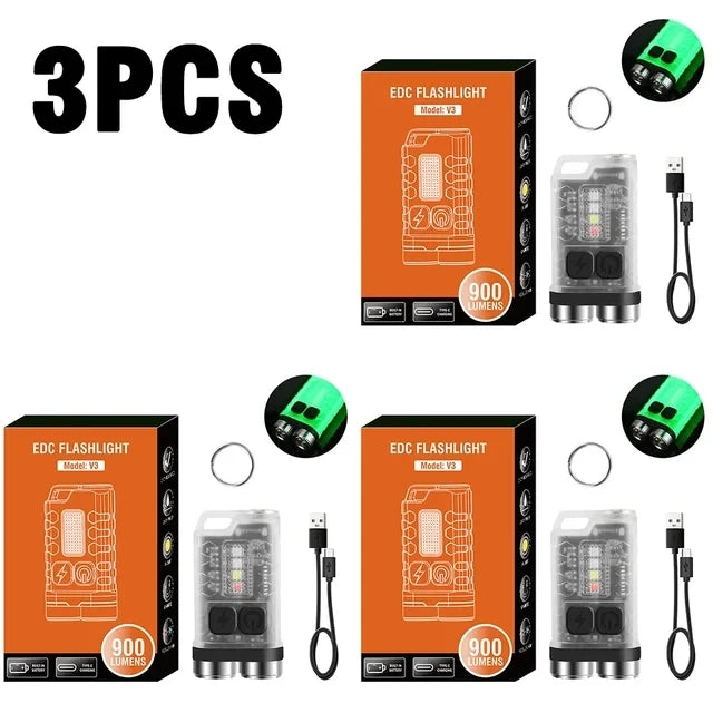 V3 EDC LED Flashlight Portable Mini Keychain Light TYPE-C Rechargeable Pocket Torch with Magnet UV Lamp Camping Fishing Lantern Oasis Select Fluorescence 3PCS