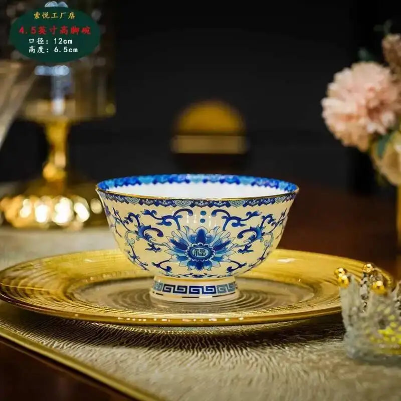 Bone China Dining Bowl Enamel Colored Chinese High Footed Rice Noodles Soup Bowl Tablewear Oasis Select 4.5inHigh Bowl-24