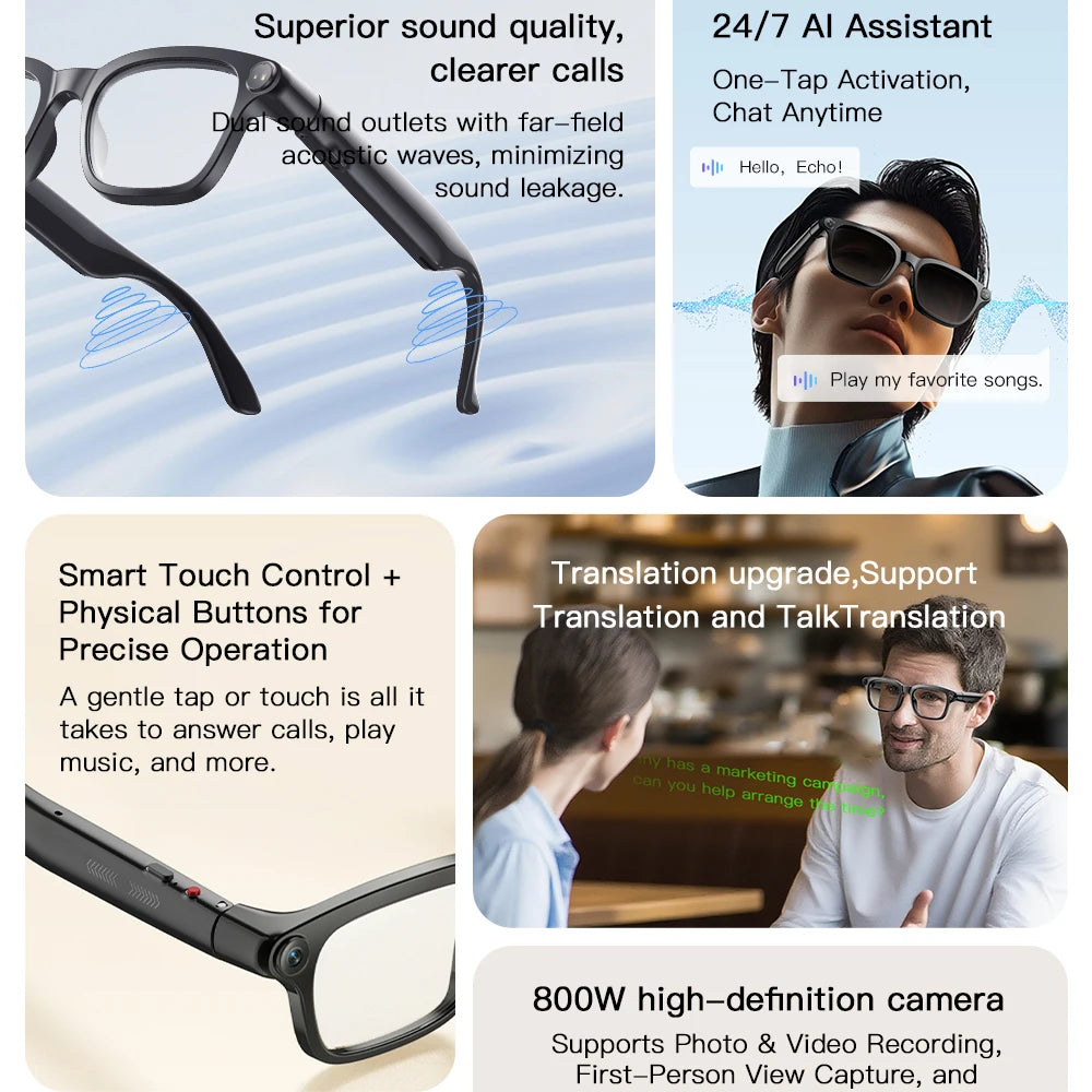 Smart AI Glasses 800W Shooting Camera HD Photo Video BT Call Eyewear Voice Assistant Real-Time Translation Sunglasses Waterproof Oasis Select