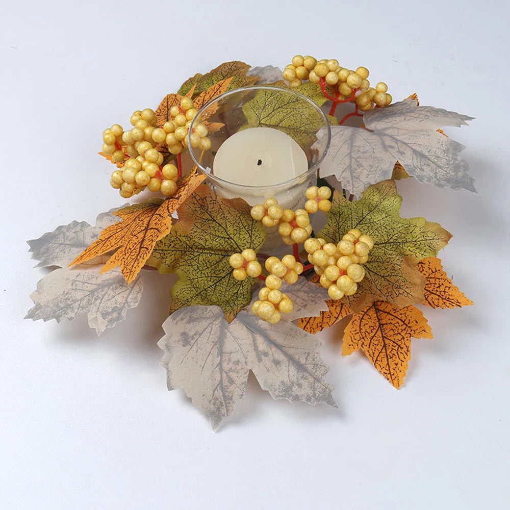 Thanksgiving Candle Ring – Maple Leaves & Pumpkin Fall Wreath