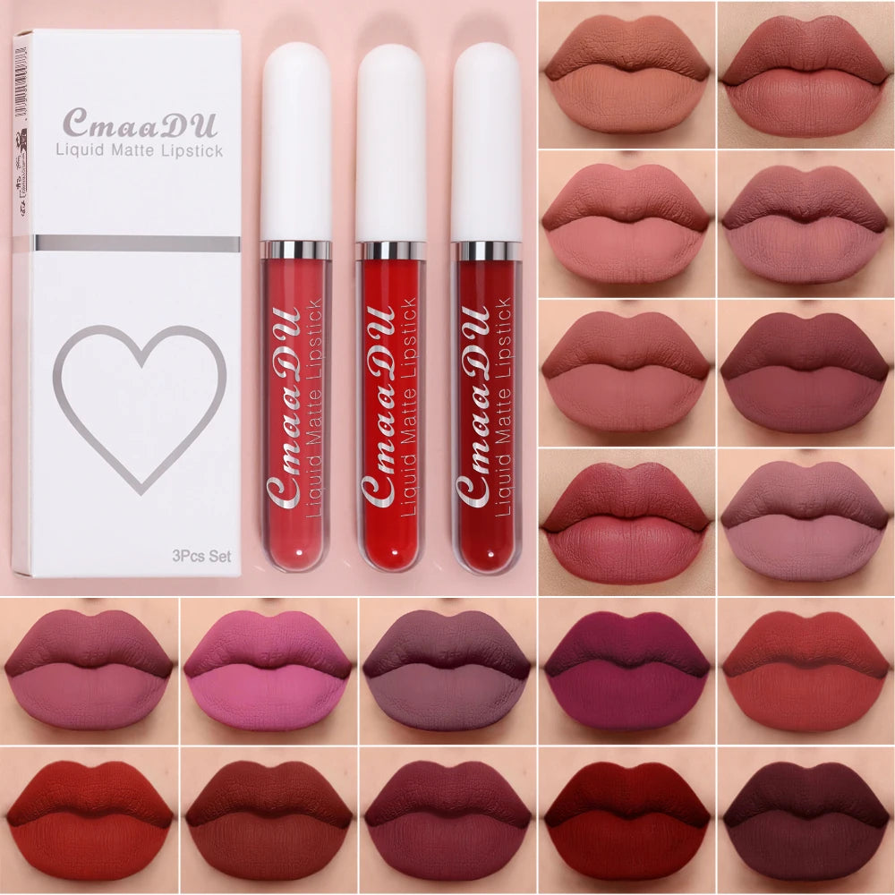 3 Pcs Matte Lipstick Lip Gloss Sets Long-Lasting Non-Fading Waterproof Non-stick Cup Exquisite Gift Everyday Holiday Universal Oasis Select