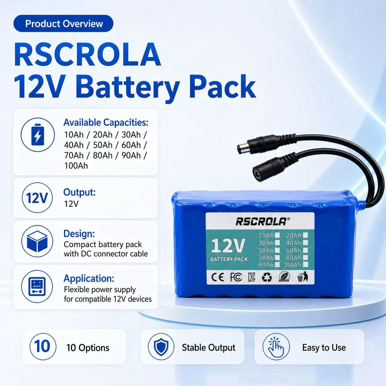 Rechargeable 12V 18650 Lithium Battery Pack with BMS, for Solar, LED Light, RC Model, Power Supply, Long Cycle Life with Charger Oasis Select