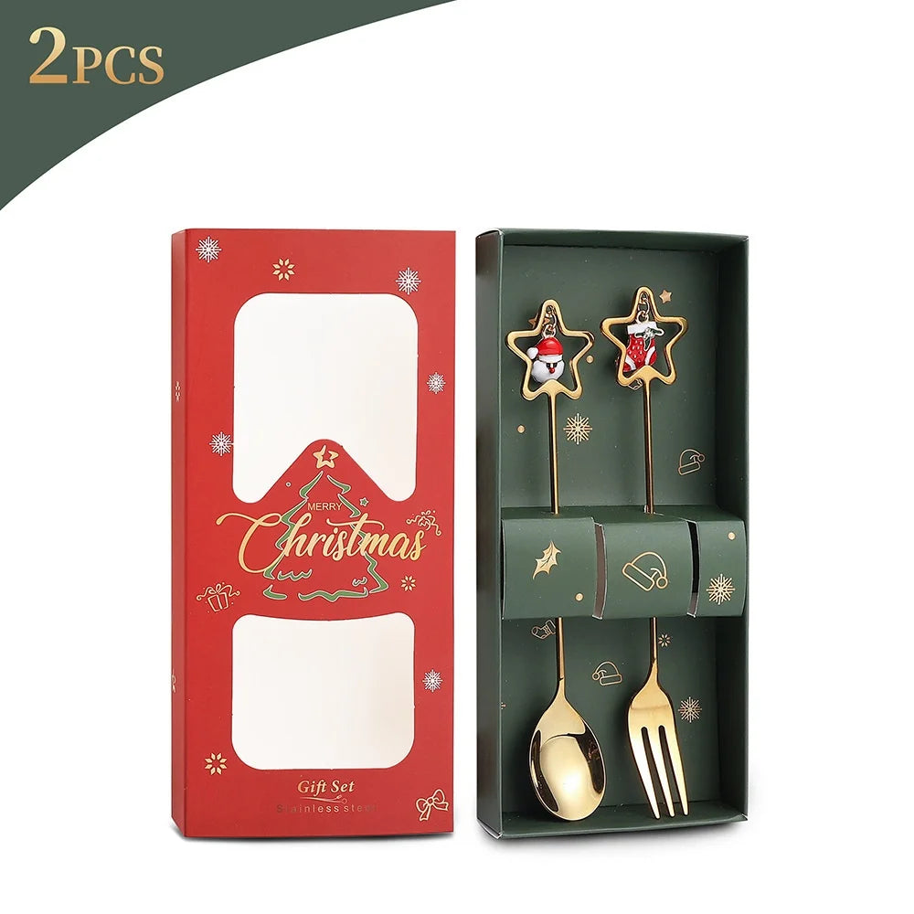 Christmas Spoon Set Santa Doll Cutlery Set Cute Dessert Spoons Holiday Tableware Two Piece Set for Christmas Gift Decoration Oasis Select