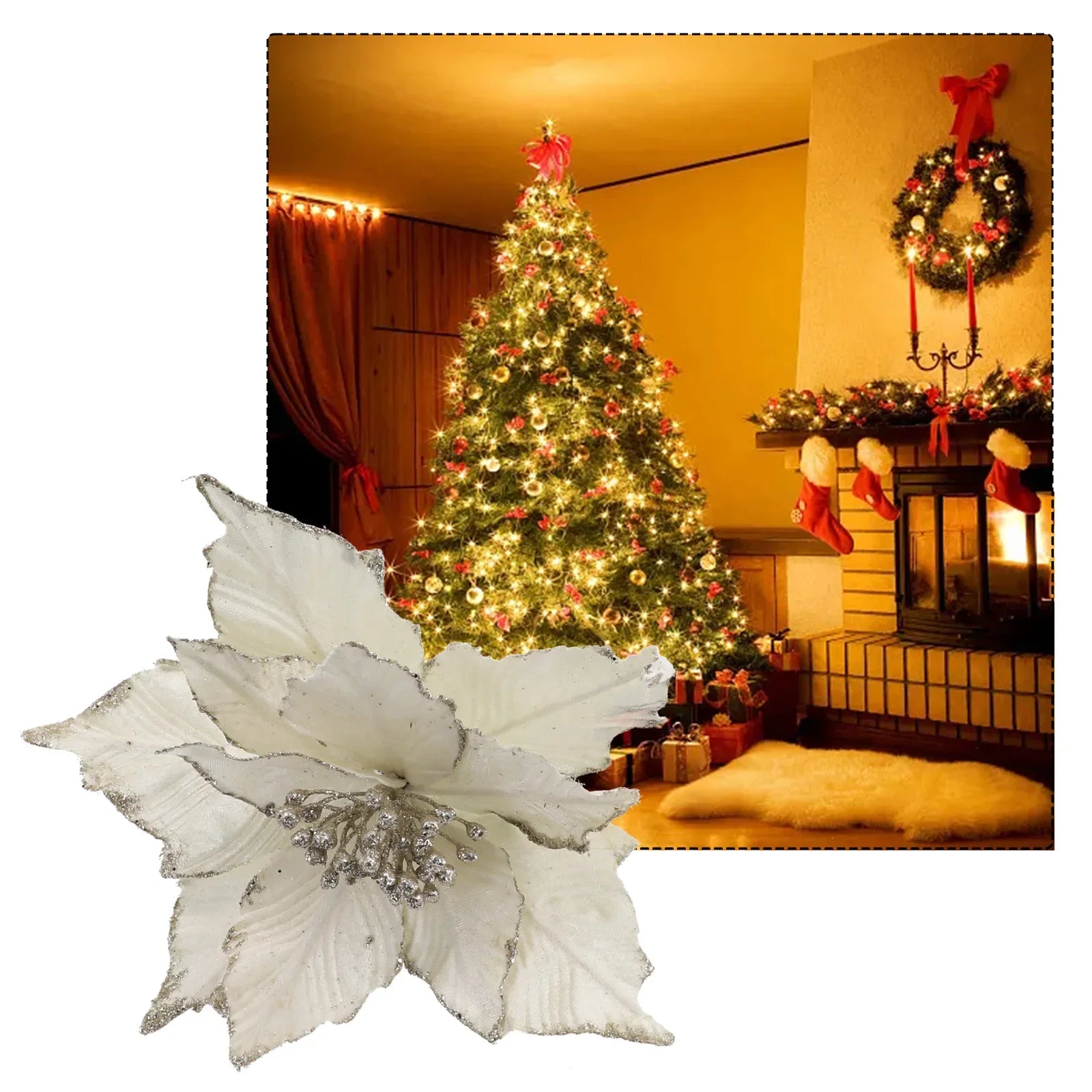 28cm Artificial Flowers Christmas Poinsettia Glitter Flower Hanging Xmas Party Tree Decoration Flower Knows Wedding Decoration Oasis Select