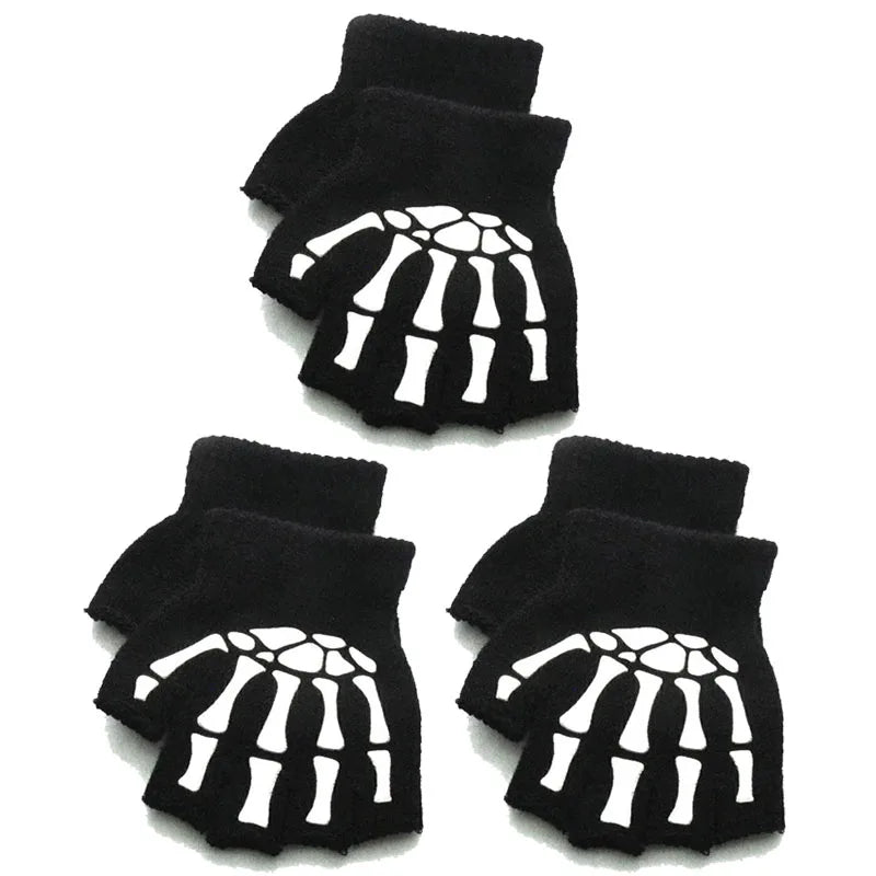 1/3/6Pairs Unisex Adult Halloween Skeleton Skull Half Finger Gloves Glow In The Dark Fingerless Stretch Knitted Winter Mittens Oasis Select 02-3pairs