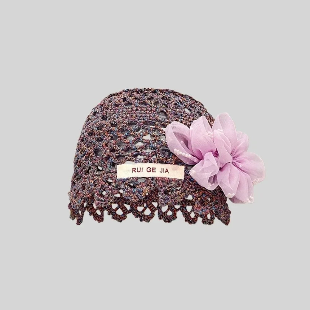 French Breathable Hollow Pullover Hats 3D Flower Hollow Out Beanies Cap Knitted Hat Summer Oasis Select Dark Purple