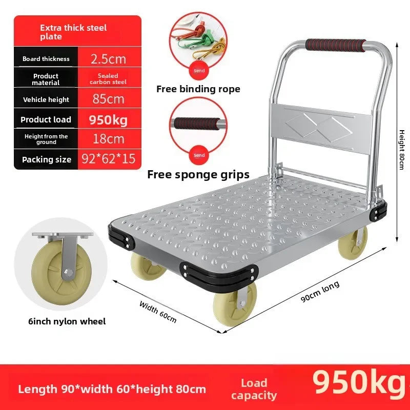 Steel plate pulling trolley trolley trolley handling thickened foldable portable silent trailer pulling flat truck Oasis Select 90-60-6-A