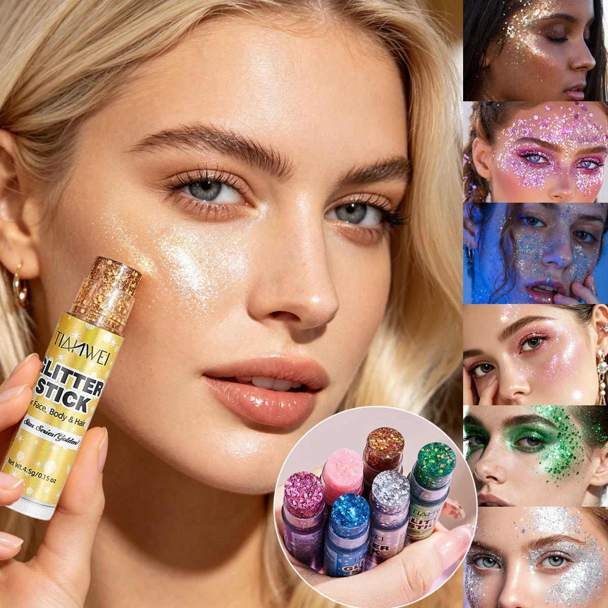 6-Pack Glitter Stick Set – Waterproof Sequin Gel Face & Body Glitter Makeup Sticks Oasis Select