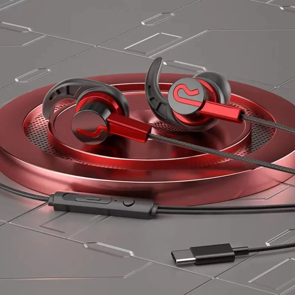 Gamer Wired Earphones Sports Earphone Super Bass Headphones Sweatproof Running Headset With Mic Ear Hook For All Mobile Phone Oasis Select red-type-c