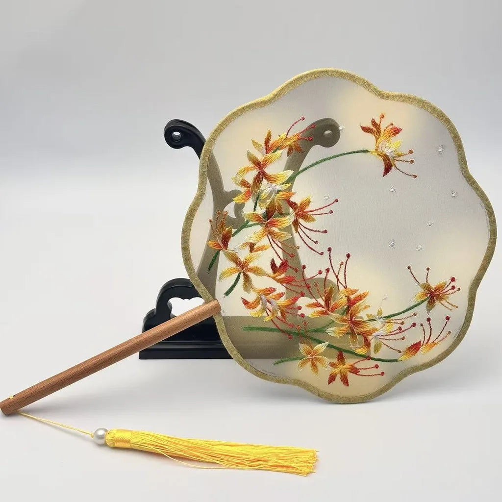 Chinese Style Silk Round Fan Double-sided Floral Embroidery Hand Fans with Tassel Summer Dance Fan For Women Wedding Home Decor Oasis Select Assorted Colors-5