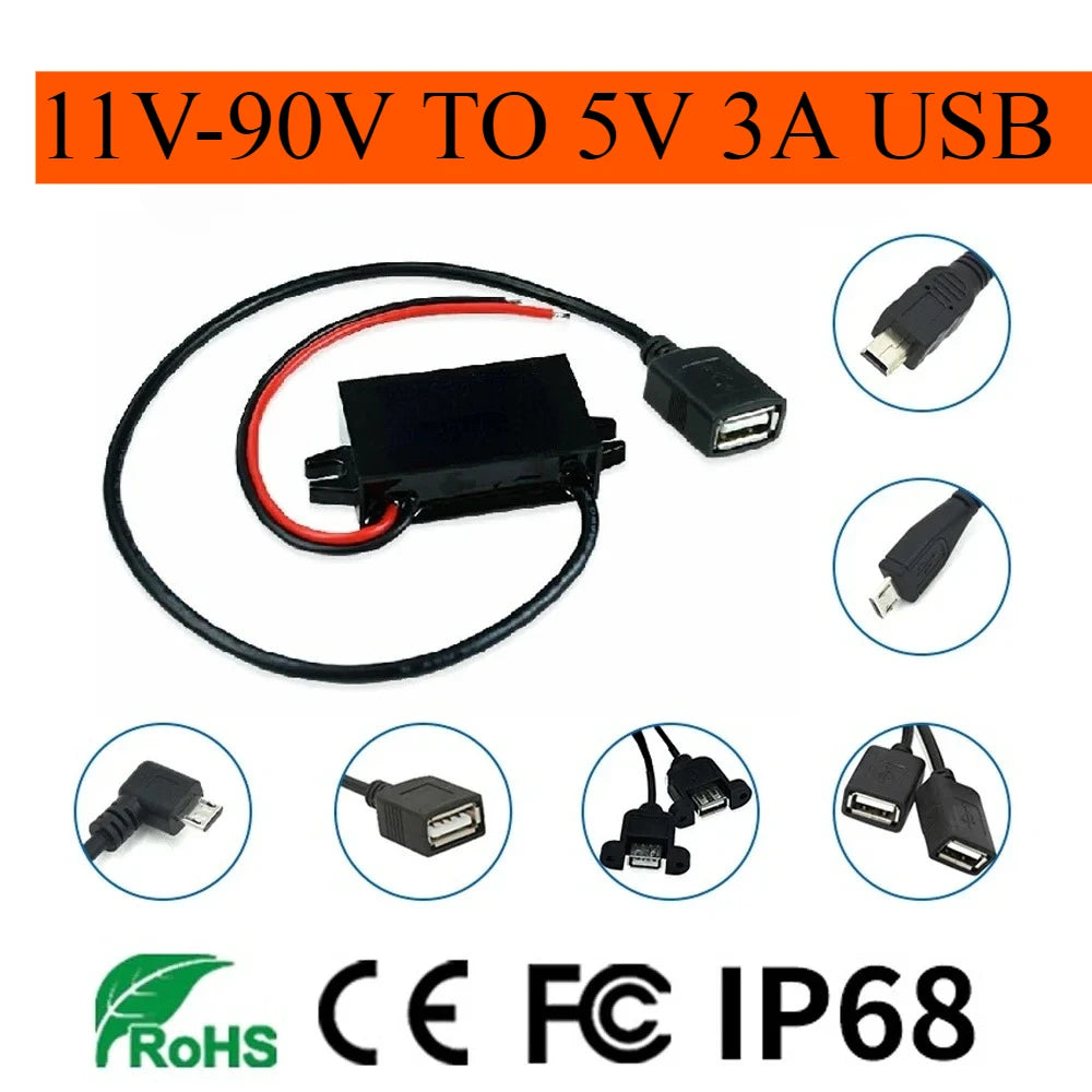 12 Volt Car Phone Charger Adapter 12 Volt to 5 Volt 12V 24V 36V 48V to 5V 3A DC Step Down Power Converter MICRO MIMI TYPE C Oasis Select