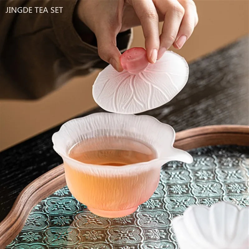 Pink Glass Tea Set Home High Temperature Gaiwan Fair Cup Teacup Set Chinese Exquisite Teaware Set Boutique Beauty Tea Infuser Oasis Select